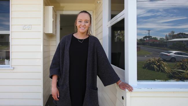 First homeowner Mikayla Hall outside her home in Arunta Crescent, Chigwell, in Hobart’s northern suburbs, late last month. Picture: MATT THOMPSON