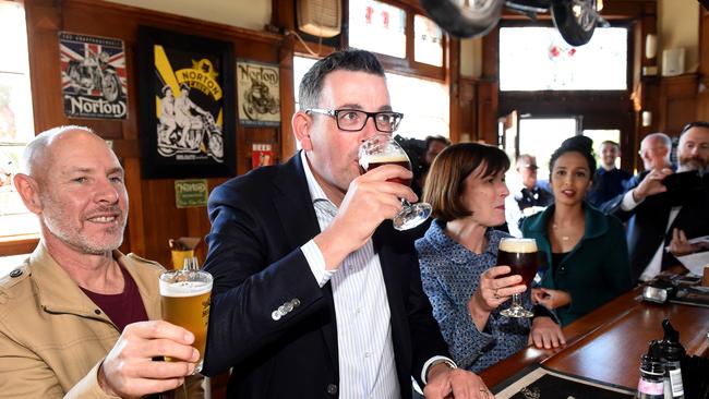 Premier Daniel Andrews gets on the beers with Paul Holgate to announce the Holgate Brewhouse expansion. Picture: Kylie Else