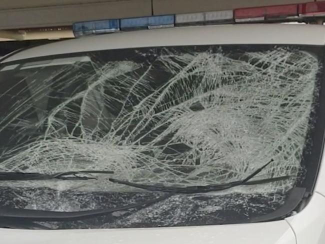 The wheel smashed into their windscreen while they were travelling at more than 100km/h.