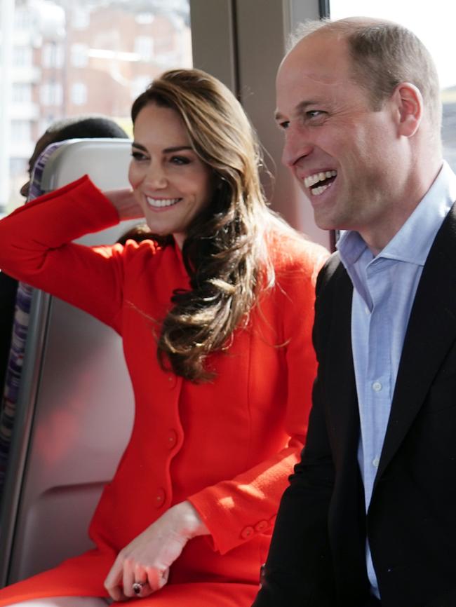 Prince William and Catherine travel on London Underground's Elizabeth Line in central London, on their way to visit the Dog & Duck pub in Soho. Picture: Getty Images