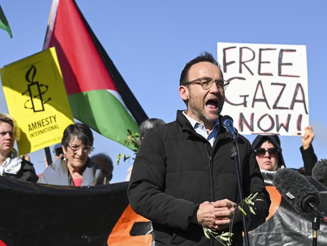 CANBERRA, AUSTRALIA, NewsWire Photos. OCTOBER 17, 2023: Leader of the Australian Greens Adam Bandt, Senator Jordon Steele-John, Max Chandler-Mather, Senator Mehreen Faruqi attend a pro Palestine rally in front of Parliament House in Canberra. Picture: NCA NewsWire / Martin Ollman