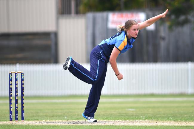 Dolphins bowler Grace Parsons sends one down at Valleys in their Katherine Raymont Shield game at Bill Pippen Oval, Robina. Picture: John Gass