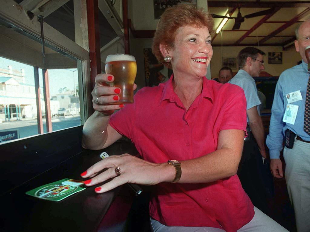 One Nation Leader Pauline Hanson has a beer at the Commercial Hotel in Gatton, in the Queensland seat of Lockyer in February 2001. One Nation held the seat of Lockyer until 2001.