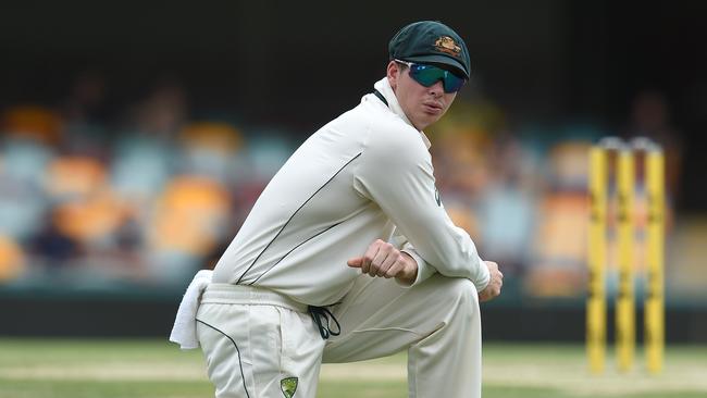 Australian captain Steve Smith reacts after a Pakistan boundary on day five at the Gabba.