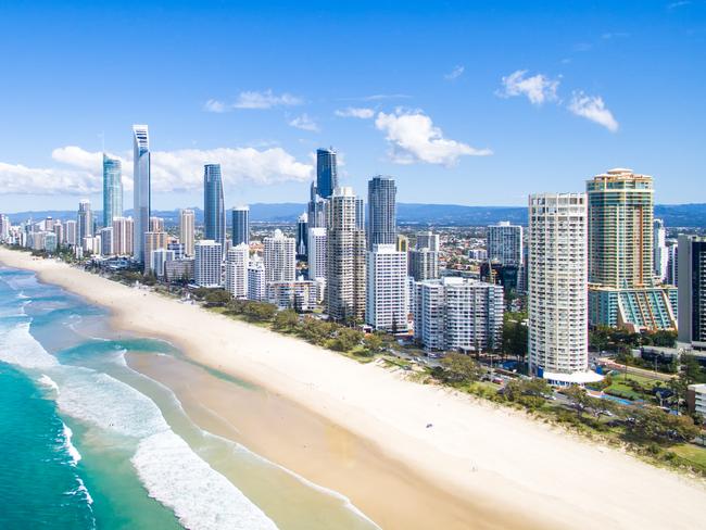 An aerial view of the Surfers Paradise skyline on a clear day in Queensland, Australia