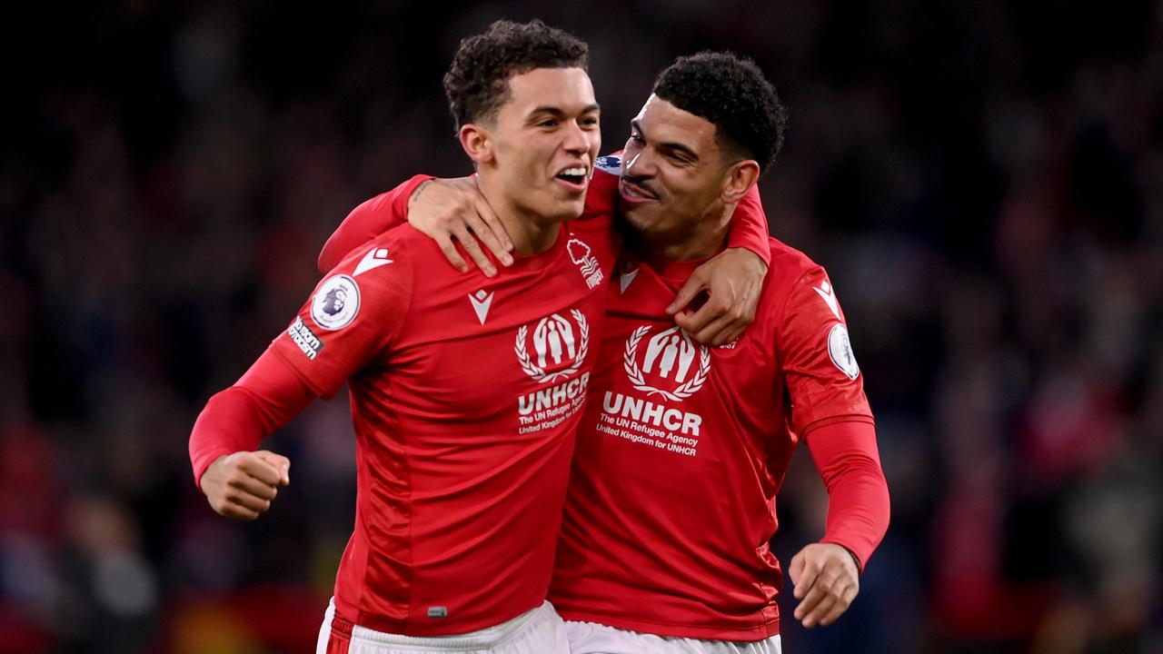 NOTTINGHAM, ENGLAND - JANUARY 14: Brennan Johnson of Nottingham Forest celebrates with teammate Morgan Gibbs-White after scoring the team's first goal during the Premier League match between Nottingham Forest and Leicester City at City Ground on January 14, 2023 in Nottingham, England. (Photo by Laurence Griffiths/Getty Images)