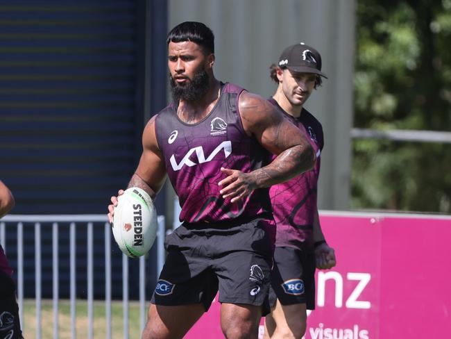 Despite not being required to attend, Payne Haas was on the ground for day one of the Broncos first pre-season under Maguire. Picture: Nigel Hallett