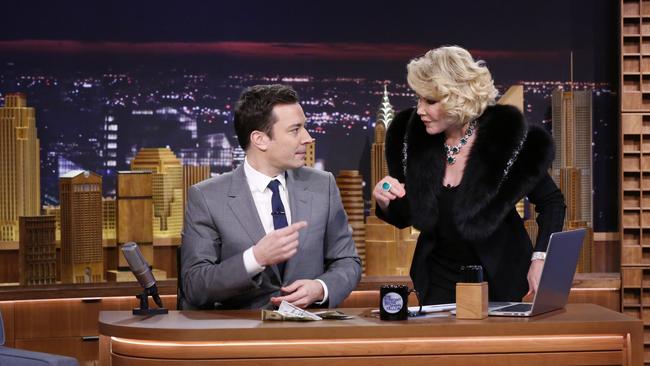 Joan Rivers appears with Jimmy Fallon during his debut on The Tonight Show in New York.