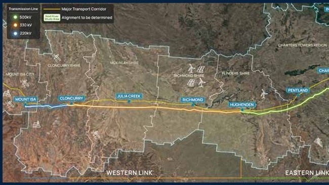 Map of the proposed Copperstring transmission line. The Reid River realignment highlighted in red.