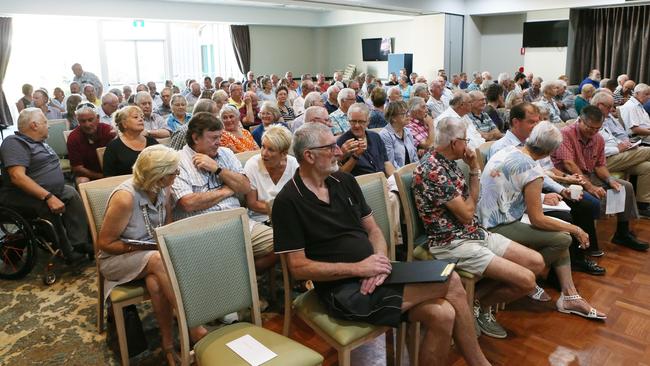 More than 150 angry retirees packed into Merimbula RSL to tell the inquiry how it would impact their lives. Picture: Hollie Adams