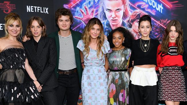 With the cast in 2019 (from left to right): Cara Buono, Maya Hawke, Keery, Millie Bobby Brown, Priah Ferguson, Carmen Cuba and Natalia Dyer. Picture: Dia Dipasupil/Getty Images