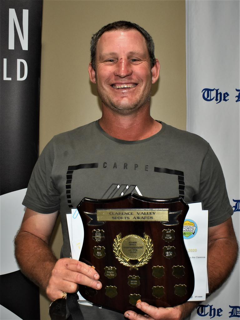 Mark Ensbey, sporting a broken nose from cricket earlier in the day, accepted the Grafton Shoppingworld Junior Male Sportsperson of the Year Award on behalf of his son Hayden at the 2020 Clarence Valley Sports Awards at Grafton District Services Club on Saturday, 14th November, 2020. Photo Bill North / The Daily Examiner