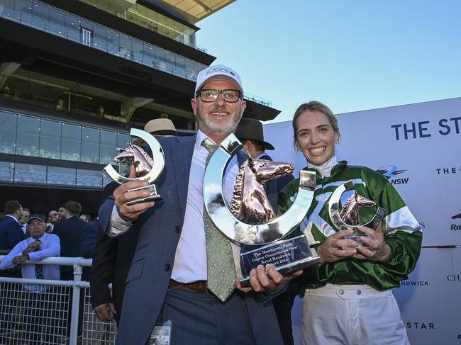 Trainer Doug Gorrel and jockey Kayla Nisbet after the win of Asgarda in the Newhaven Park Country Championships final at Randwick on April 6, 2024. Picture: Bradley Photos