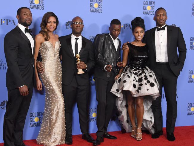 The Moonight team at the Golden Globes: Trevante Rhodes, Harris, director Barry Jenkins, Ashton Sanders, Janelle Monae and Mahershala Ali. Picture: AFP