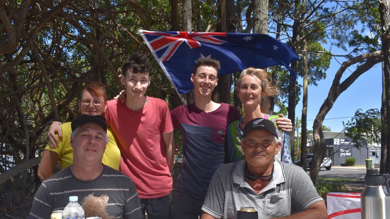 (L) Susan Hipwell, Doug McBean, Andrew Chapman, Jake Chapman, Des Hamlin and Kay Chapman enjoy Australia Day 2021 along the Esplanade in Hervey Bay. Photo: Stuart Fast