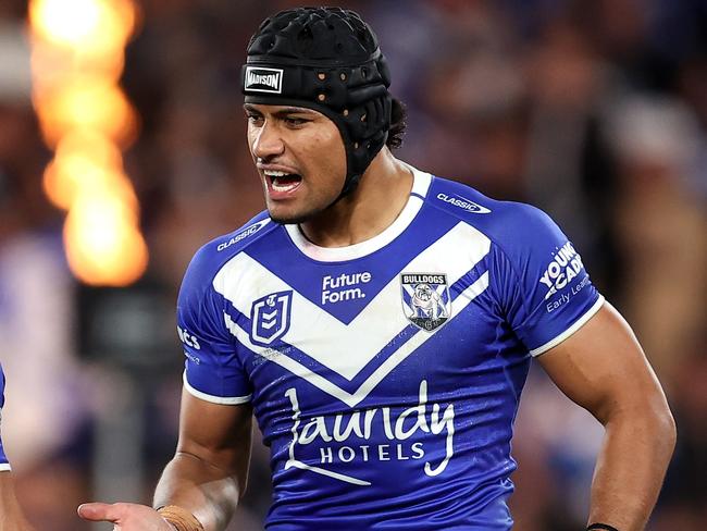 SYDNEY, AUSTRALIA - JUNE 10: Stephen Crichton and Kurtis Morrin of the Bulldogs celebrate at full-time during the round 14 NRL match between Canterbury Bulldogs and Parramatta Eels at Accor Stadium, on June 10, 2024, in Sydney, Australia. (Photo by Brendon Thorne/Getty Images)