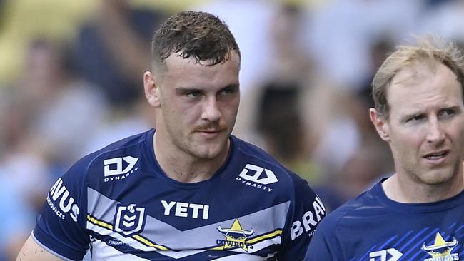 TOWNSVILLE, AUSTRALIA - APRIL 07: Zac Laybutt of the Cowboys comes form the field after being injured during the round five NRL match between North Queensland Cowboys and Gold Coast Titans at Qld Country Bank Stadium, on April 07, 2024, in Townsville, Australia. (Photo by Ian Hitchcock/Getty Images)