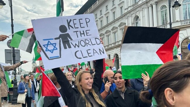 Hundreds of people participate in the March of Solidarity with Palestine in the center of Warsaw, Poland.