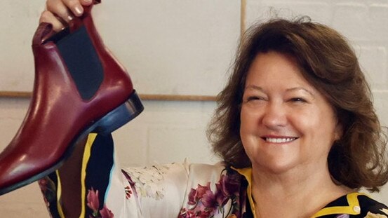 Gina Rinehart unveils the Kidman boot in a Pilbara red colourway at a recent staff lunch. Picture: Supplied