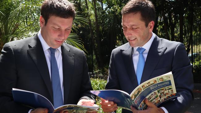 Victorian opposition education spkoseman Tim Smith, left, with Opposition Leader Matthew Guy. Picture: AAP