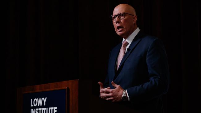 Peter Dutton addressed the Lowy Institute in Sydney on Thursday. Picture: NewsWire / Nikki Short