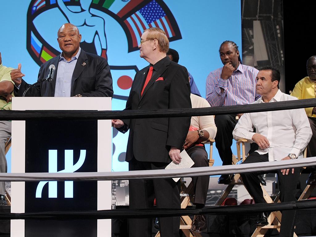 George Foreman and Jeff Fenech at a press conference at Bellagio Las Vegas in 2012. Picture: Denise Truscello/WireImage