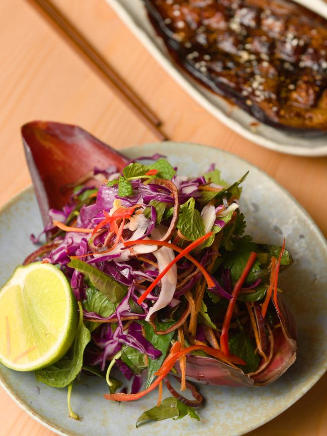 Miso grilled eggplant and banana blossom. pickled fennel,chilli, cabbage, herbs salad, peanut. Photo Naomi Jellicoe