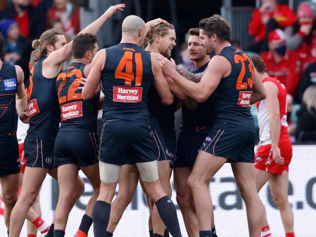 The Swans had all the momentum, but the Giants managed to salvage a dramatic one-point win in Launceston. Picture: Rob Blakers/Getty Images