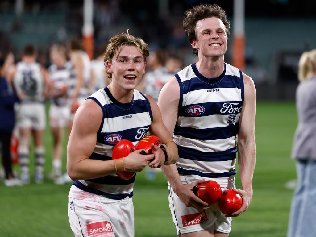 The Cats have hopes for Tanner Bruhn and Max Holmes. Picture: Michael Willson/AFL Photos