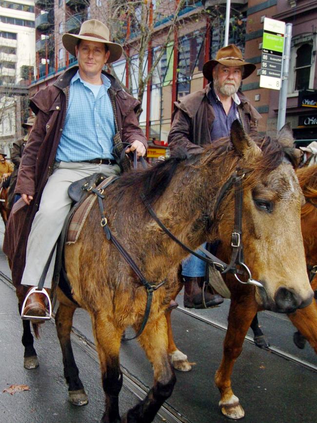 Tom Burlinson and Charlie Lovick take to the streets of Melbourne in 2005 to protest the ban on high country grazing.