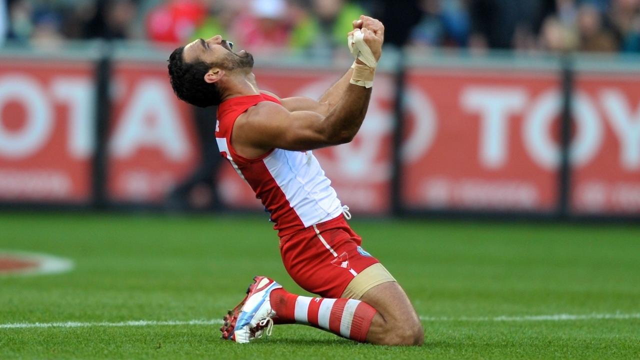 A famous image of Goodes after the Swan’s 2012 flag. Picture: Wayne Taylor