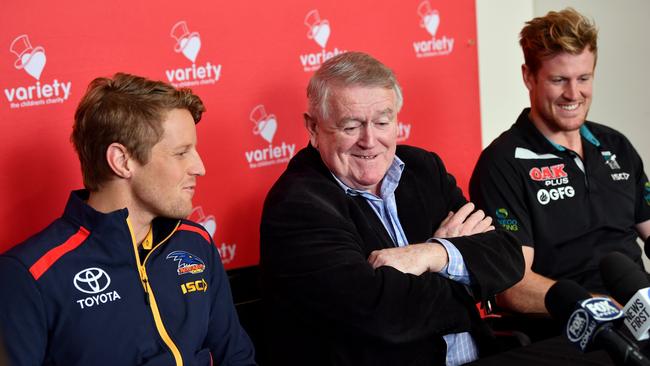 Crows captain Rory Sloane, Rob Kerin and Tom Jonas chat during a media gathering. Picture: Mark Brake/AAP