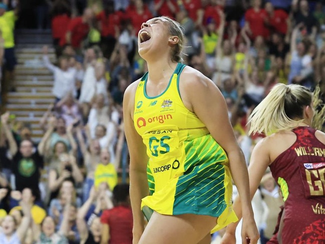 NEWCASTLE, AUSTRALIA - OCTOBER 26: Donnell Wallam of Australia celebrates scoring the winning goal during game one of the International Test series between the Australia Diamonds and England Roses at Newcastle Entertainment Centre on October 26, 2022 in Newcastle, Australia. (Photo by Mark Evans/Getty Images)