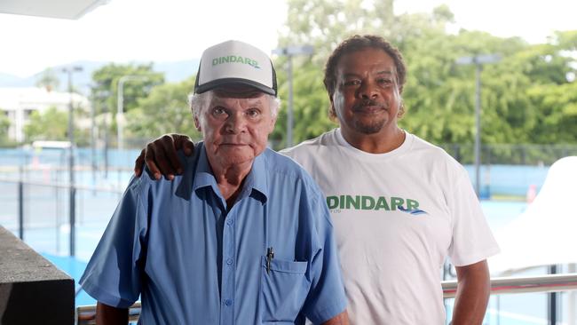 Dindarr director Les Murgha (right) and Bobby Sands, the elderly skipper of the original ferry at Yarrabah. PICTURE: STEWART MCLEAN