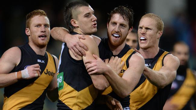 AFL Round 18 - West Coast Eagles v Richmond Tigers, Patersons Stadium, Perth. Photo by Daniel Wilkins. PICTURED- Richmond's Dustin Martin celebrates a goal at the end of the second term.