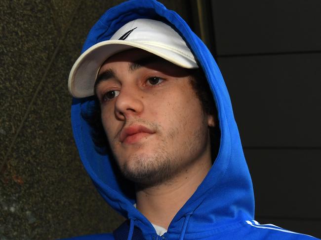 Isaiah Stephens departs the County Court of Victoria in Melbourne, Monday, May 18, 2020. Sentance for Jay and Isaiah Stephens after admitted to bashing a senior Victorian police officer at a Toorak school in 2019. (AAP Image/James Ross) NO ARCHIVING