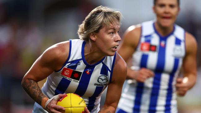 Kangaroos defender Sarah Wright came close to hanging up the boots at the end of 2023, but played one of the best games of her career in Saturday night’s grand final triumph. Picture: Morgan Hancock / Getty Images