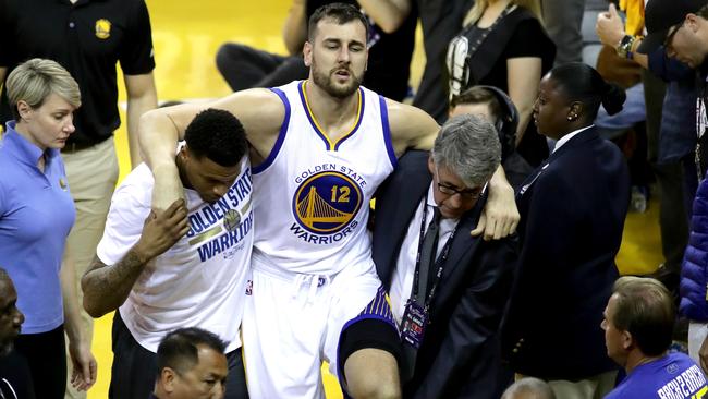 Andrew Bogut’s injury in Game 5 of the NBA Finals will likely hit the Boomers hard. Picture: Getty Images