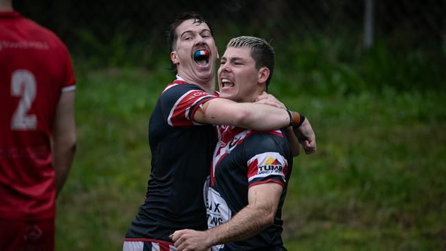 Jack Smith and Timothy Fitzpatrick celebrate an Erina try. Picture: Julian Andrews