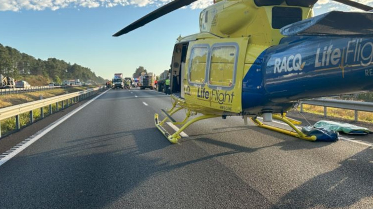 The Sunshine Coast-based RACQ Life Flight rescue helicopter landed on the Bruce Highway to treat a woman in her 50s who came off her motorcycle.