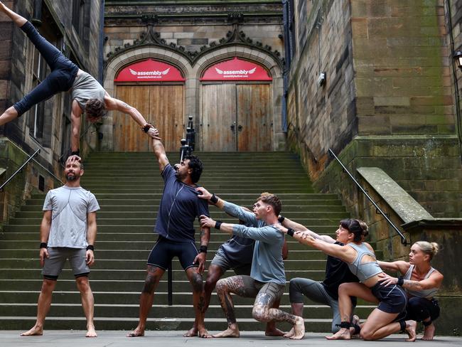 EDINBURGH, SCOTLAND - AUGUST 01: Acrobats from the troupe Gravity & Other Myths perform their new show 'Ten Thousand Hours' outside Assembly Hall on August 01, 2024 in Edinburgh, Scotland. The show is part of the Edinburgh Fringe Festival that continues through August. (Photo by Jeff J Mitchell/Getty Images)