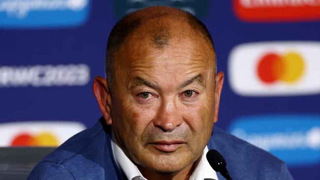 LYON, FRANCE - SEPTEMBER 24: Eddie Jones, Head Coach of Australia, speaks to the media in the post match press conference after defeat to Wales during the Rugby World Cup France 2023 match between Wales and Australia at Parc Olympique on September 24, 2023 in Lyon, France. (Photo by Chris Hyde/Getty Images)