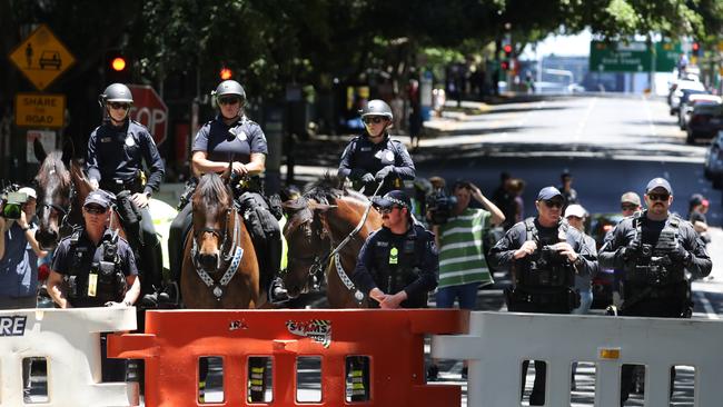 Alice St Bocked off to stop the protesters joining at the Freedom Rally. Picture: Annette Dew