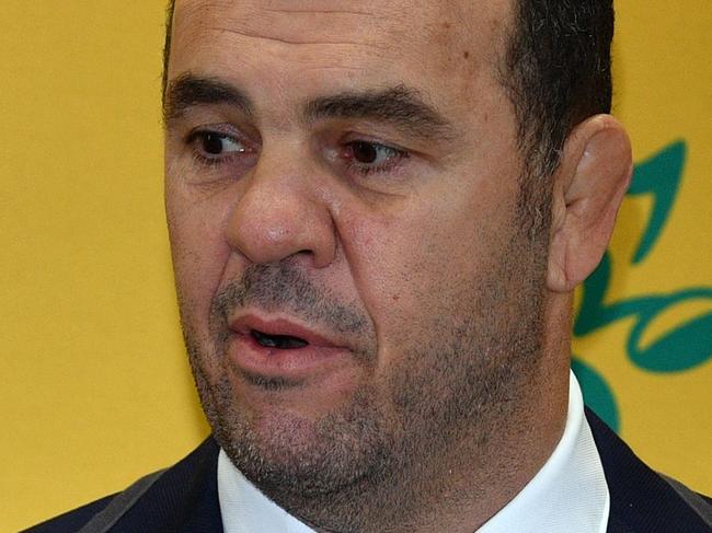 Australia's head coach Michael Cheika speaks at the Rugby World Cup squad announcement in Sydney on August 23, 2019. (Photo by SAEED KHAN / AFP) / -- IMAGE RESTRICTED TO EDITORIAL USE - STRICTLY NO COMMERCIAL USE --