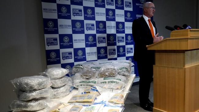 Acting Superintendent Anthony Crameri speaks at a SAPOL Presser at South Australia Police Headquarters to show drugs and money seized in recent raids. Photo: Calum Robertson