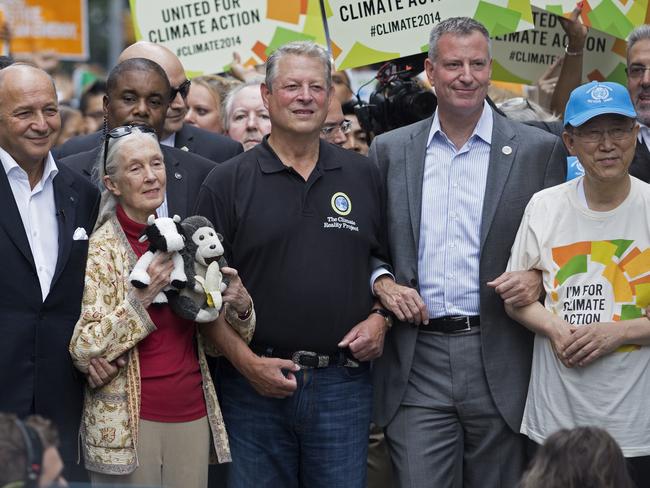 Poltical heavyweights ... From left, French Foreign Minister Laurent Fabius, primatologist Jane Goodall, former US Vice President Al Gore, New York Mayor Bill de Blasio, and UN Secretary General Ban Ki-moon in New York. Picture: Craig Ruttle/AP