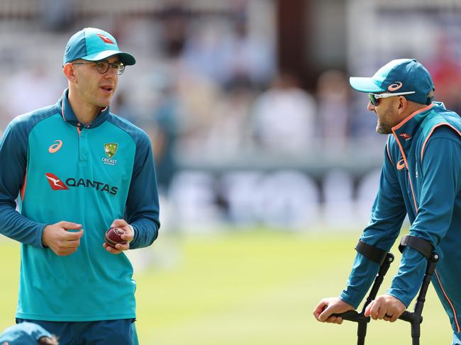 Lyon chats to understudy Todd Murphy at Lords. Picture: Ryan Pierse/Getty Images.