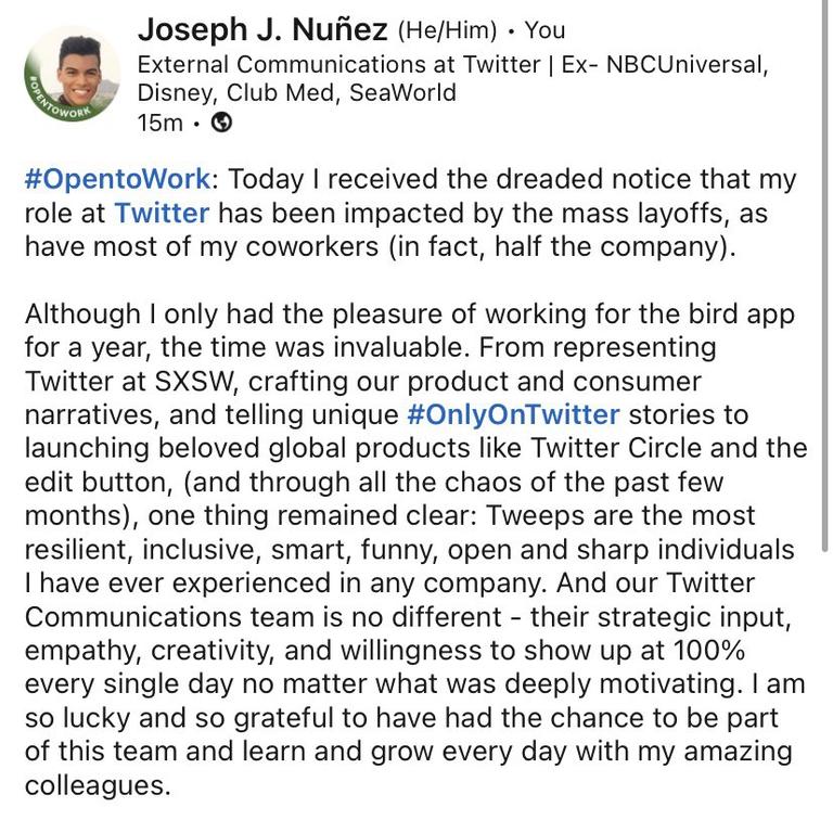 Joseph J. Nuñez took to LinkedIn to share his thoughts on Twitter after he was fired.