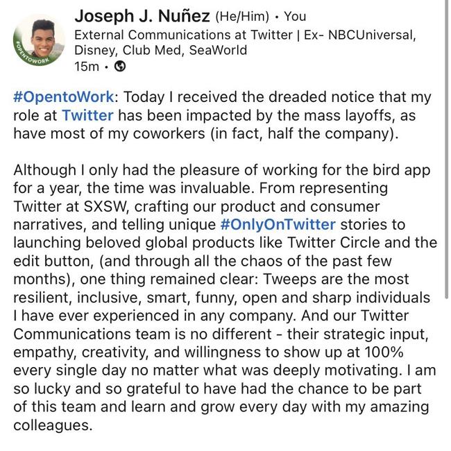 Joseph J. NuÃ±ez took to Linkedin to share his thoughts on Twitter after he was fired.