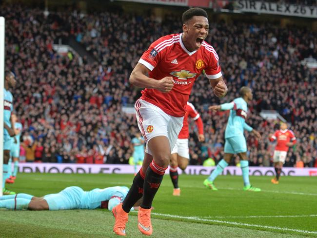 Manchester United striker Anthony Martial celebrates after scoring against West Ham.